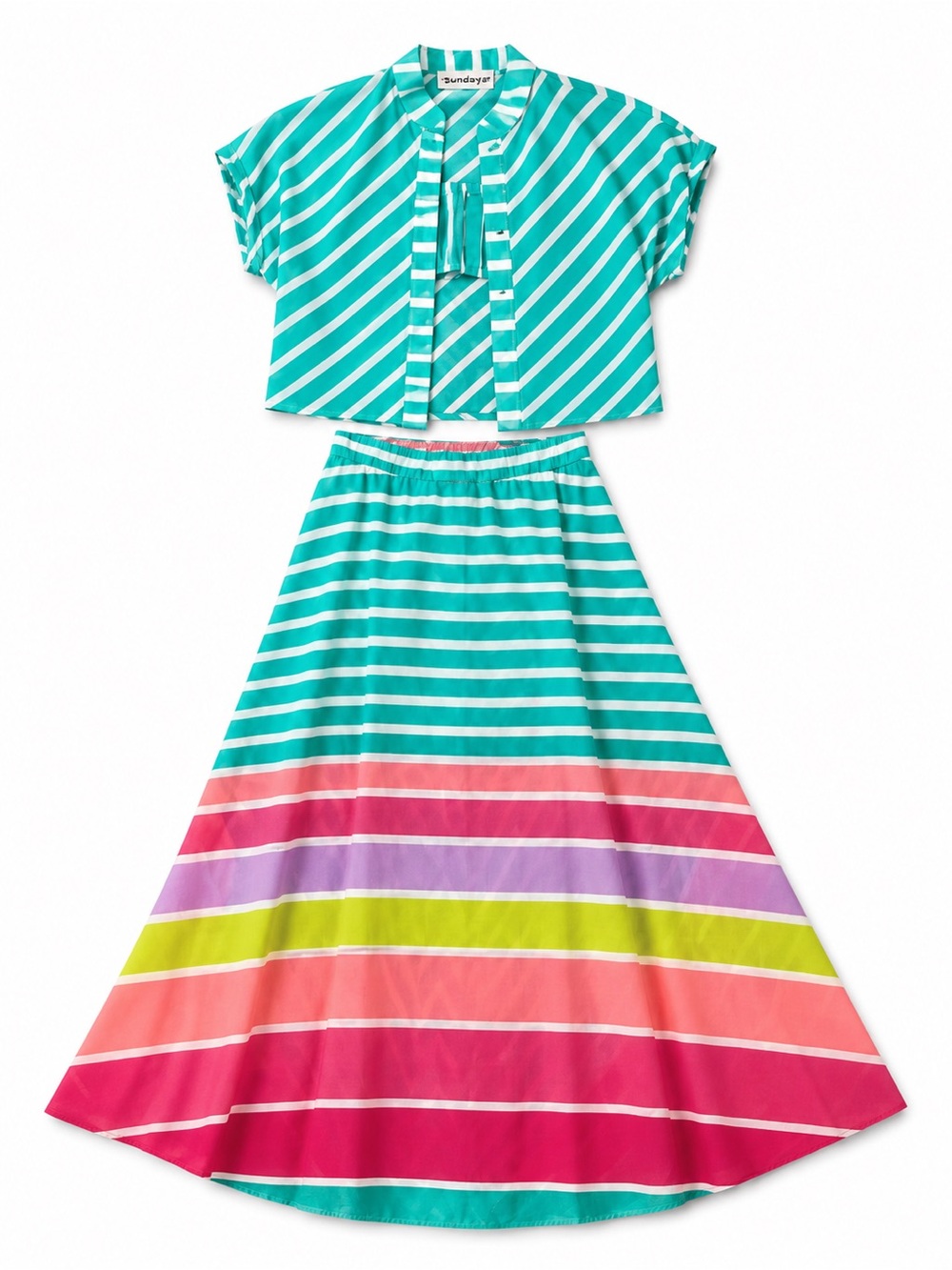 Vintage Teal & Multicolor Stripe Girls Two-Piece Dress Set